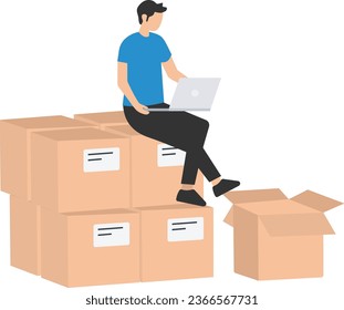 Selling products online, E-commerce or internet shopping, Small business or entrepreneurship, Success man entrepreneurs receive orders, Sitting with box parcels ready to ship

