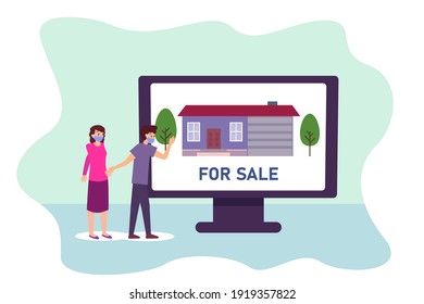 Selling property vector concept: Young couple looking a house for sale on the screen while wearing face mask in new normal era