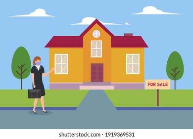 Selling property vector concept: Young businesswoman selling a house while wearing face mask in new normal era