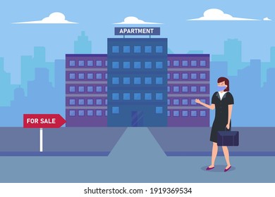 Selling property vector concept: Young woman selling apartment while wearing face mask in new normal