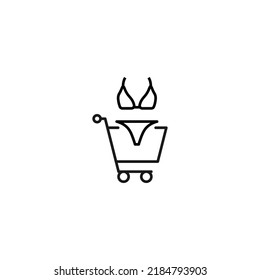 Selling, purchase, shopping concept. Vector sign suitable for web sites, stores, shops, articles, books. Editable stroke. Line icon of swimsuit in shopping cart 