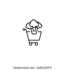 Venta, compra, concepto de compra. Cartel vector adecuado para sitios web, tiendas, tiendas, artículos, libros. Trazo editable. Icono de línea del brócoli en el carro de la compra 