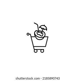 Venta, compra, concepto de compra. Cartel vector adecuado para sitios web, tiendas, tiendas, artículos, libros. Trazo editable. Icono de línea del coco en el carro de la compra 