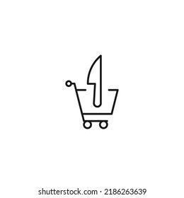 Selling, purchase, shopping concept. Vector sign suitable for web sites, stores, shops, articles, books. Editable stroke. Line icon of knife in shopping cart 