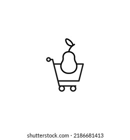 Selling, purchase, shopping concept. Vector sign suitable for web sites, stores, shops, articles, books. Editable stroke. Line icon of pear in shopping cart 