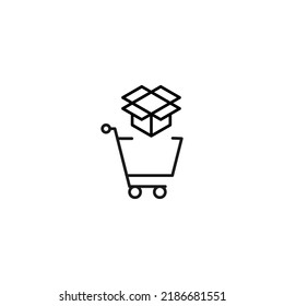 Venta, compra, concepto de compra. Cartel vector adecuado para sitios web, tiendas, tiendas, artículos, libros. Trazo editable. Icono de línea de la caja abierta en el carro de la compra 