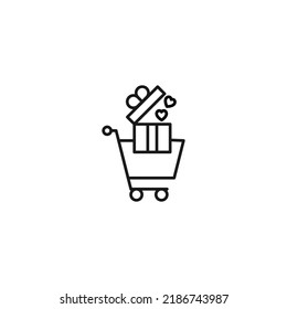 Selling, purchase, shopping concept. Vector sign suitable for web sites, stores, shops, articles, books. Editable stroke. Line icon of heart in giftbox in shopping cart 