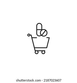 Selling, purchase, shopping concept. Vector sign suitable for web sites, stores, shops, articles, books. Editable stroke. Line icon of medication in shopping cart 