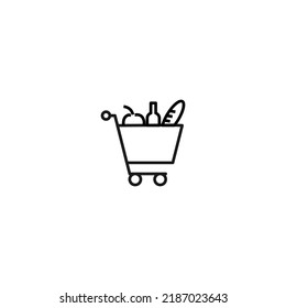 Selling, purchase, shopping concept. Vector sign suitable for web sites, stores, shops, articles, books. Editable stroke. Line icon of food in shopping cart 