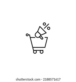 Venta, compra, concepto de compra. Cartel vector adecuado para sitios web, tiendas, tiendas, artículos, libros. Trazo editable. Icono de línea de altavoz en el carro de la compra 