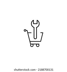 Selling, purchase, shopping concept. Vector sign suitable for web sites, stores, shops, articles, books. Editable stroke. Line icon of spanner in shopping cart 