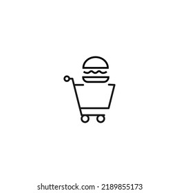 Selling, purchase, shopping concept. Vector sign suitable for web sites, stores, shops, articles, books. Editable stroke. Line icon of hamburger in shopping cart 