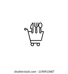 Selling, purchase, shopping concept. Vector sign suitable for web sites, stores, shops, articles, books. Editable stroke. Line icon of knife, fork and spoon in shopping cart 