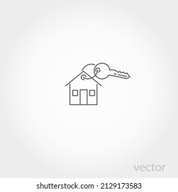 selling or rent home icon, key with house, offer new estate, buy property, mortgage, thin line symbol on white background - editable stroke vector illustration eps8