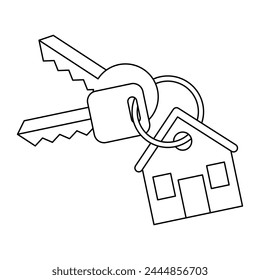 selling or rent home icon, key with house, offer new estate, buy property, outline door key isolated on white background, flat vector illustration