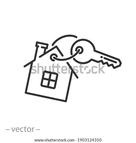 selling or rent home icon, key with house, offer new estate, buy property, thin line symbol on white background - editable stroke vector illustration eps10