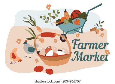 Selling ripe vegetables and poultry on farmer market. Eggs in basket and veggies in wheelbarrow. Pumpkin and zucchini, tomato and potato. Buying organic ingredients food. Vector in flat style