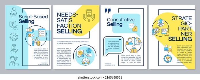 Selling strategies blue, yellow brochure template. Trends in marketing. Leaflet design with linear icons. Editable 4 vector layouts for presentation, annual reports. Questrial, Lato-Regular fonts used