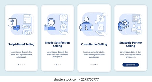 Selling strategies light blue onboarding mobile app screen. Marketing walkthrough 4 steps editable graphic instructions with linear concepts. UI, UX, GUI template. Myriad Pro-Bold, Regular fonts used