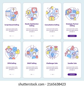 Selling strategies and techniques onboarding mobile app screen set. Walkthrough 4 steps editable graphic instructions with linear concepts. UI, UX, GUI template. Myriad Pro-Bold, Regular fonts used