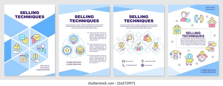 Selling techniques blue brochure template. Methods of sales. Leaflet design with linear icons. Editable 4 vector layouts for presentation, annual reports. Arial-Black, Myriad Pro-Regular fonts used
