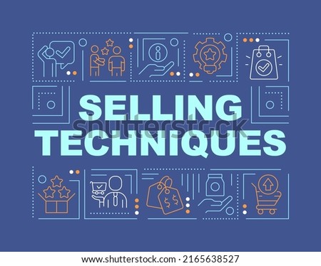 Selling techniques word concepts dark blue banner. Methodology. Infographics with editable icons on color background. Isolated typography. Vector illustration with text. Arial-Black font used