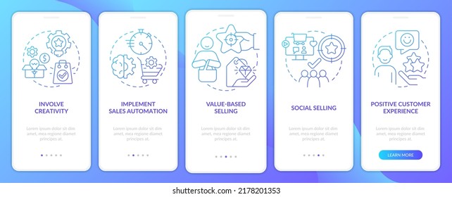 Selling tendencies blue gradient onboarding mobile app screen. Sales walkthrough 5 steps graphic instructions with linear concepts. UI, UX, GUI template. Myriad Pro-Bold, Regular fonts used