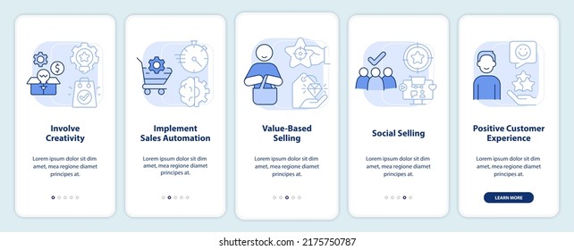 Selling tendencies light blue onboarding mobile app screen. Sales walkthrough 5 steps editable graphic instructions with linear concepts. UI, UX, GUI template. Myriad Pro-Bold, Regular fonts used