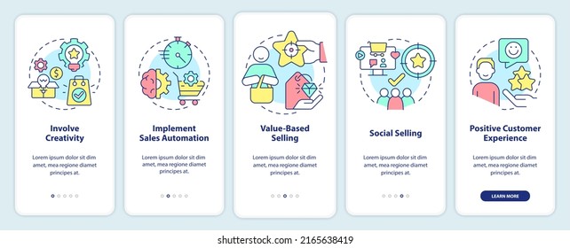 Selling tendencies onboarding mobile app screen. Sales innovations walkthrough 5 steps editable graphic instructions with linear concepts. UI, UX, GUI template. Myriad Pro-Bold, Regular fonts used