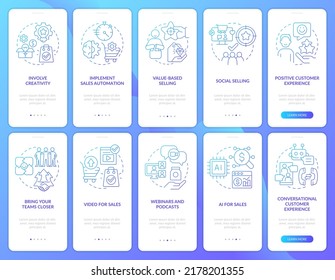 Tendencias de venta el degradado azul incorporado pantalla de aplicación móvil. Recorrido comercial 5 pasos de instrucciones gráficas con conceptos lineales. UI, UX, plantilla GUI. Multitud de tipos de letra Pro-Bold, con uso regular