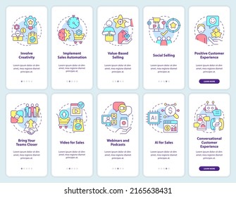 Selling trends onboarding mobile app screen set. Business and trade walkthrough 5 steps editable graphic instructions with linear concepts. UI, UX, GUI template. Myriad Pro-Bold, Regular fonts used