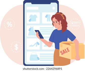 Selling unwanted clothes online flat concept vector spot illustration. Editable 2D cartoon character on white for web design. Second hand creative idea for website, mobile, magazine. Oswald font used