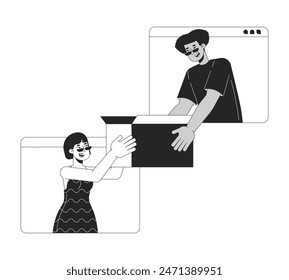 Selling used stuff online black and white 2D illustration concept. Latin american man giving box to asian woman isolated vector outline person. E commerce metaphor monochrome vector art