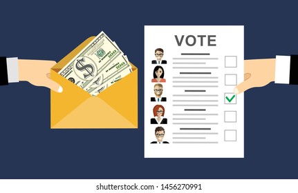 Selling vote for election flat concept design,vector illustration.Hand of politician holding money and voter holding ballot. Make a deal of election frauds.
