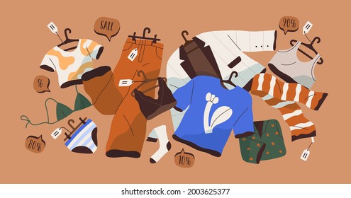 Selling women fashion garments at off-price. Concept of big sale and discount for summer clothes. Good seasonal offer for stock apparel items with promo tags. Colored flat vector illustration.