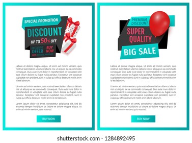 Sellout and clearance, store promotion web pages templates vector. Inflatable balloon and present from shop, special offer, exclusive product price reduction
