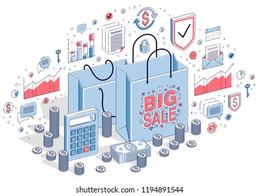 Sellout concept, Retail, Big Sale, Shopping Bag with cash money stacks and coin piles isolated on white. Isometric 3d vector finance illustration with icons, stats charts and design elements.