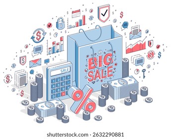 Sellout concept, Retail, Big Sale, Shopping Bag with cash money stacks and coin piles isolated on white. Isometric 3d vector finance illustration with icons, stats charts and design elements.