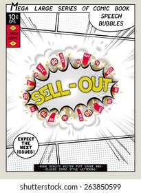 Sell-out. Explosion in comic style with lettering and realistic puffs smoke. 3D vector pop art speech bubble
