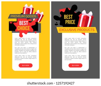 Sellout and special shop offer, price off vector web site templates. Presents decorated with tape and bows.Premium goods and best choice blot on banner