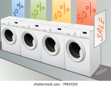 sellout of washing machine in shop, vector