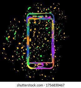 Sellphone icon. Colored ink with splashes on black background