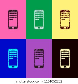 Sellphone icon. Pop art style. Scratched icons on 6 colour backgrounds. Seamless pattern