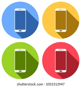 Sellphone icon. Set of white icons with long shadow on blue, orange, green and red colored circles. Sticker style