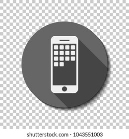 Sellphone icon. White flat icon with long shadow in circle on transparent background