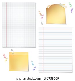 Sells and strips notebook  paper with paper clips on  white background.    Vector illustration.