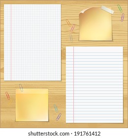 Sells and strips notebook  paper with paper clips on  wood table background.    Vector illustration.