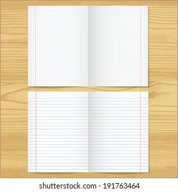 Sells and strips notebook  paper sheets on wood table  background.    Vector illustration.
