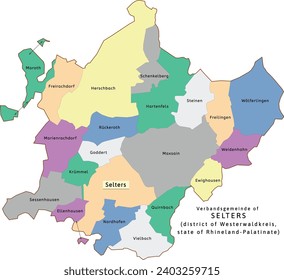 Selters verbandsgemeinde map of Westerwaldkreis district Rhineland-Palatinate (Rheinland-Pfalz) state in Germany. Vectored. Retro colors