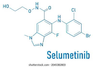 Selumetinib cancer drug molecule (MEK1 and MEK2 inhibitor). Skeletal formula.